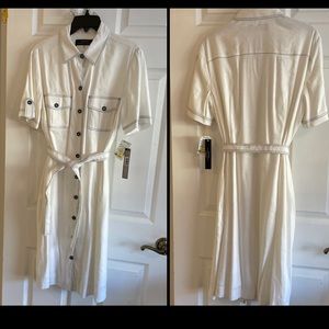 Beautiful TAHARI Dress Ivory White w/Navy Buttons &Top Stitching. Never Worn!